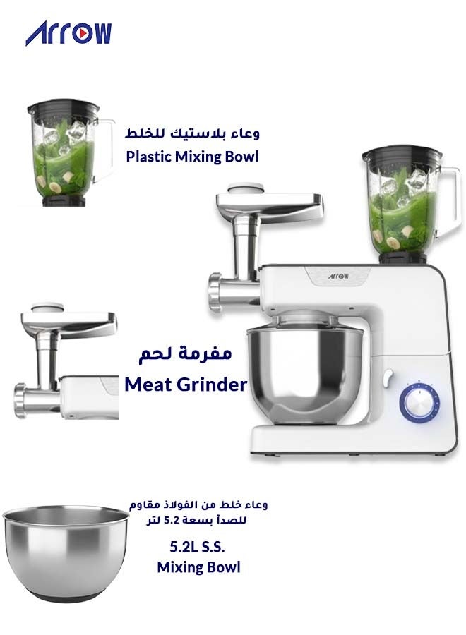 ارو خلاط ستاند 3 في 1، 1000 وات | مفرمة لحم | سعة 5.2 لتر | جسم من الفولاذ المقاوم للصدأ| تروس معدنية كاملة ومحرك نحاسي | لون أبيض |8 سرعات | أقدام مضادة للانزلاق |سهلة التنظيف | اسم الموديل: RO-06SMB - Image 2